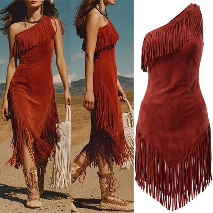 Anika | Damen Western-Boho-One-Shoulder-Kleid mit Fransen – Asymmetrisches, tailliertes Midi-Kleid aus Kunstvelours