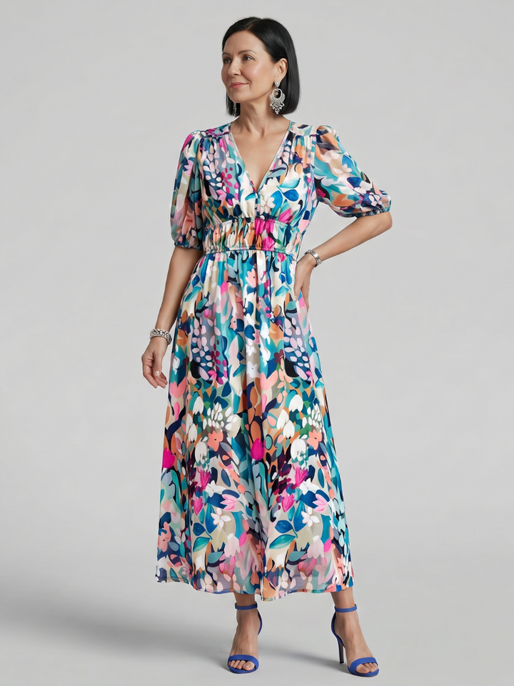 Candlia | Puffärmel V-Ausschnitt Midi Kleid mit abstraktem Druck