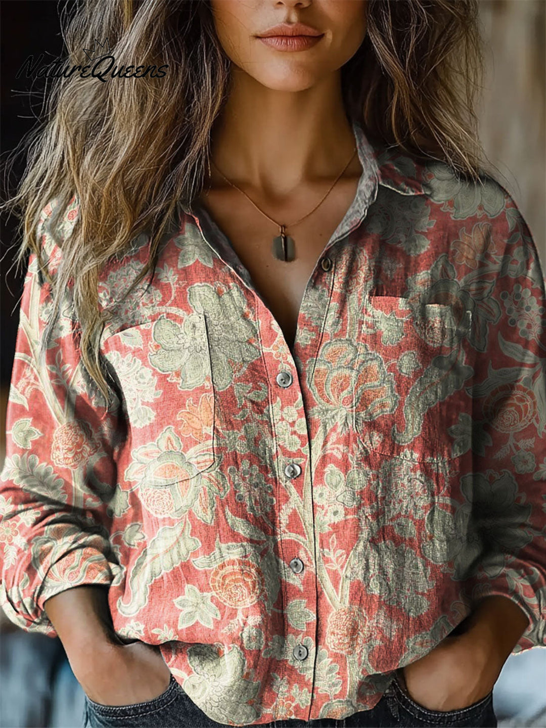 Angela | Damen Vintage Hübsches Floral Muster Kunst Druck Lässiges Langarm Bequemes Baumwollshirt