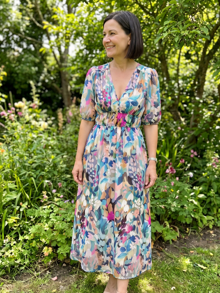 Candlia | Puffärmel V-Ausschnitt Midi Kleid mit abstraktem Druck
