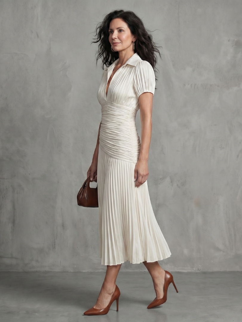 Theodora | Plissierter Taillenstreifen Midi-Kleid