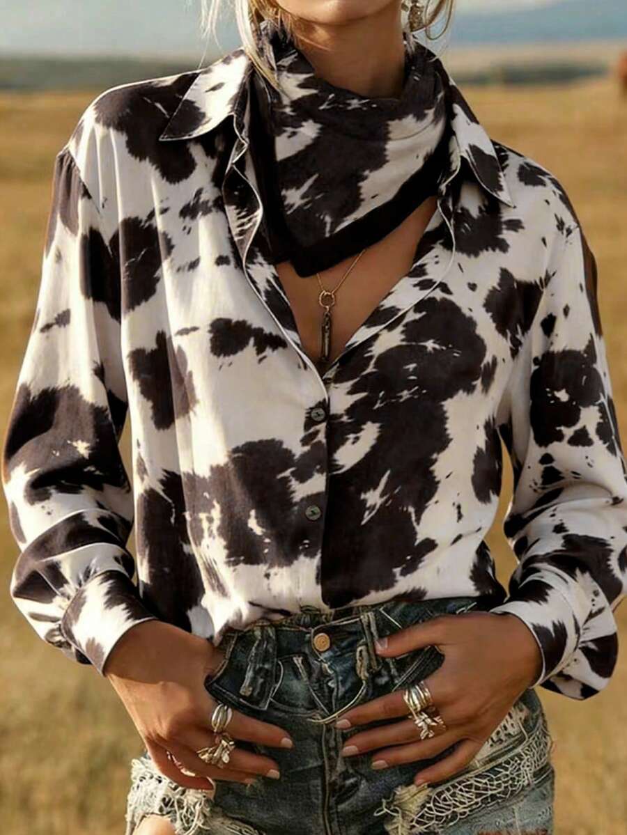 Olivia | Western Kuhdruck Button-Up Bluse