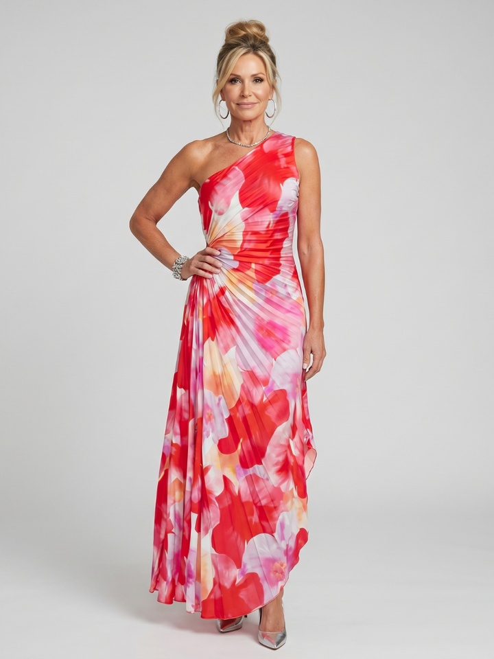 Taya | Midi-Kleid mit einem schulterfreien, gefalteten Oberteil