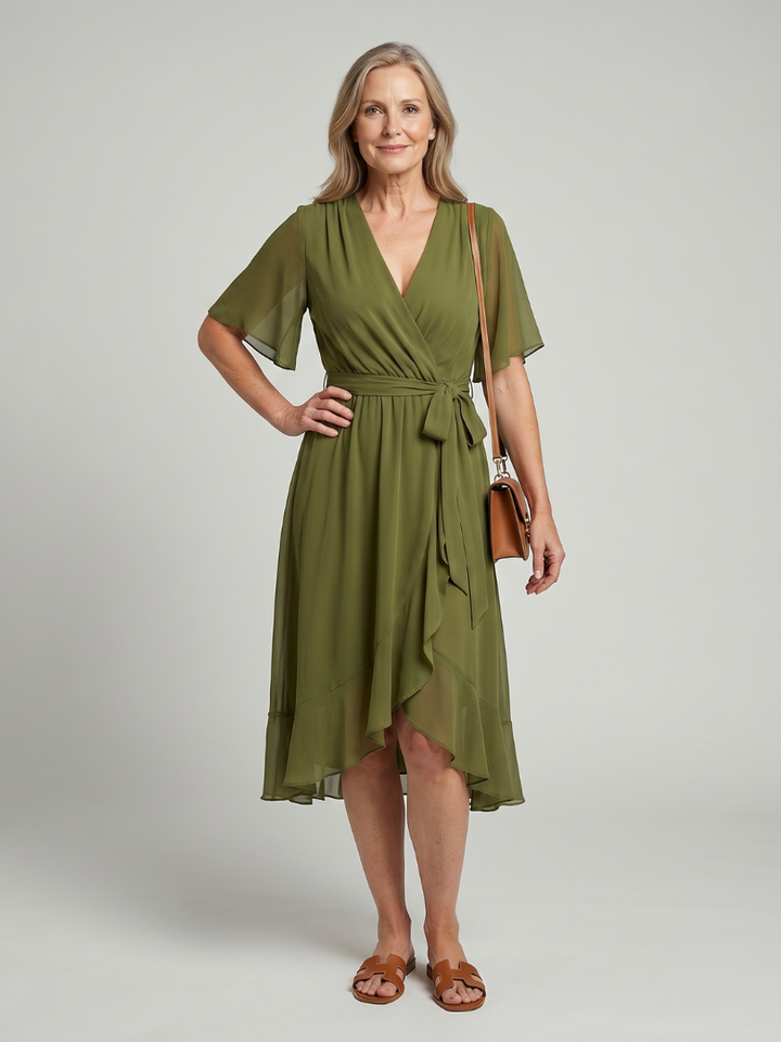 Keziah | Midi-Kleid mit kurzen Ärmeln und fließendem Saum