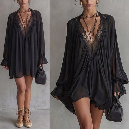 Beverly | Damen Boho Mini-Kleid aus schwarzem Chiffon