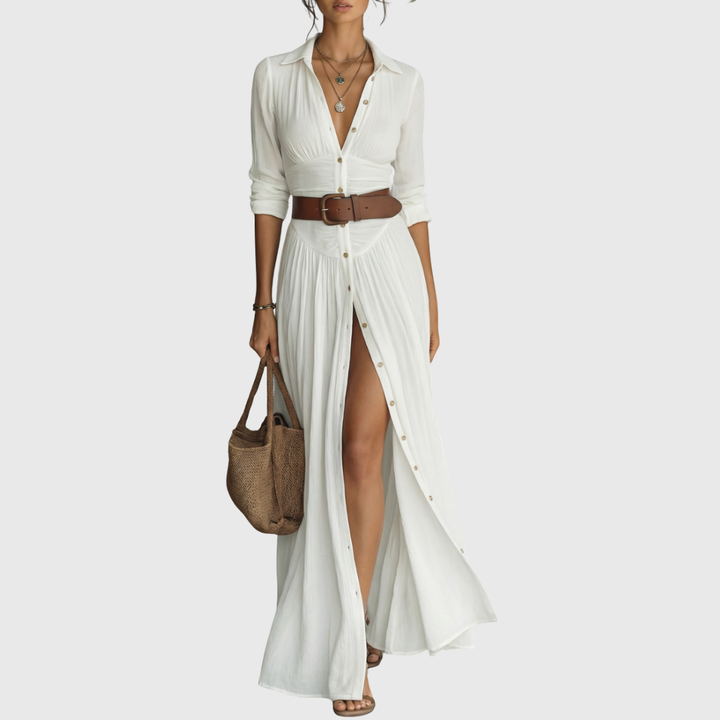 Wendy | Langes Maxi-Leinenkleid mit eingekerbtem Kragen und langen Ärmeln für Frauen