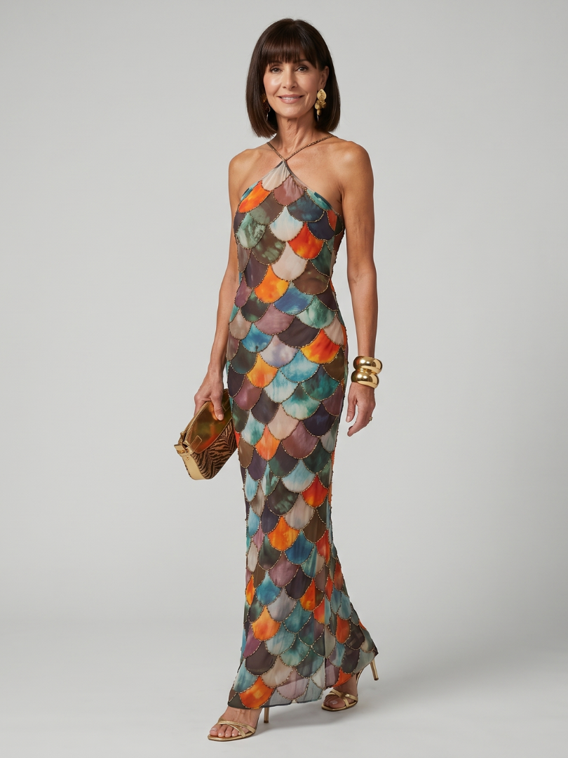 Larkin | Figurbetontes Maxikleid mit mehrfarbigem Schuppenmuster