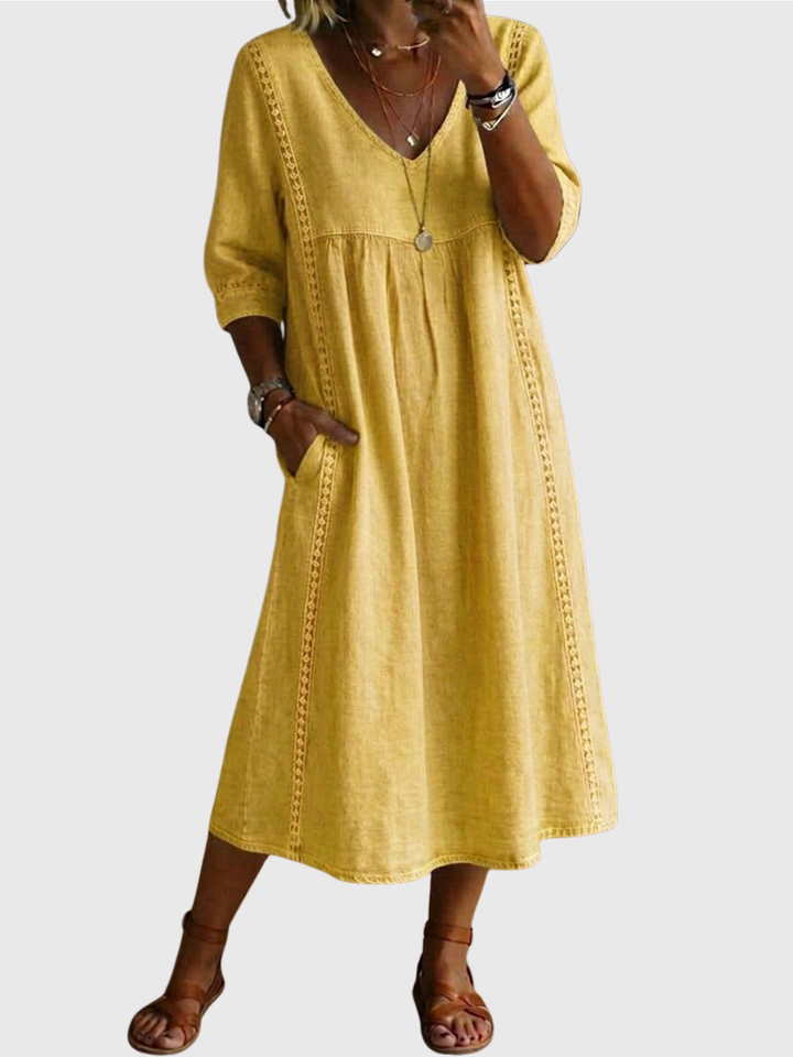 Sheena | Lässiges, lockeres Patchwork-Kleid mit Spitzenbesatz aus Leinen und Baumwolle