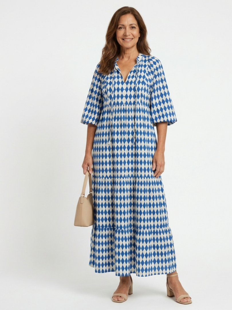 Elodie | Diamantmuster gestuftes Midi-Kleid