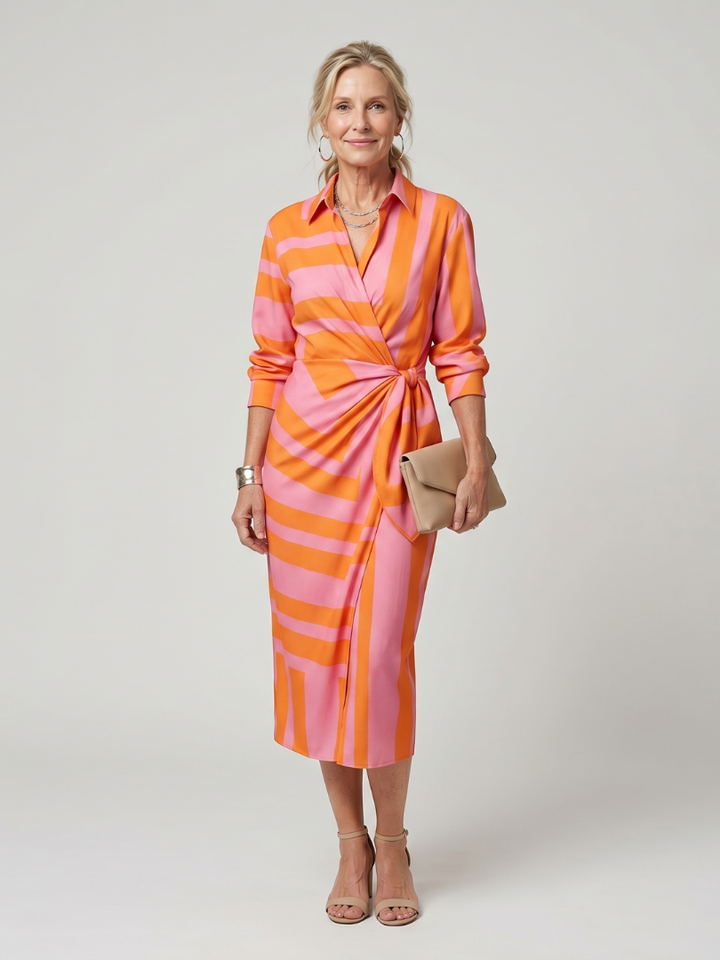 Leya | Midi-Kleid mit langen Ärmeln und Kragen im Streifenmuster