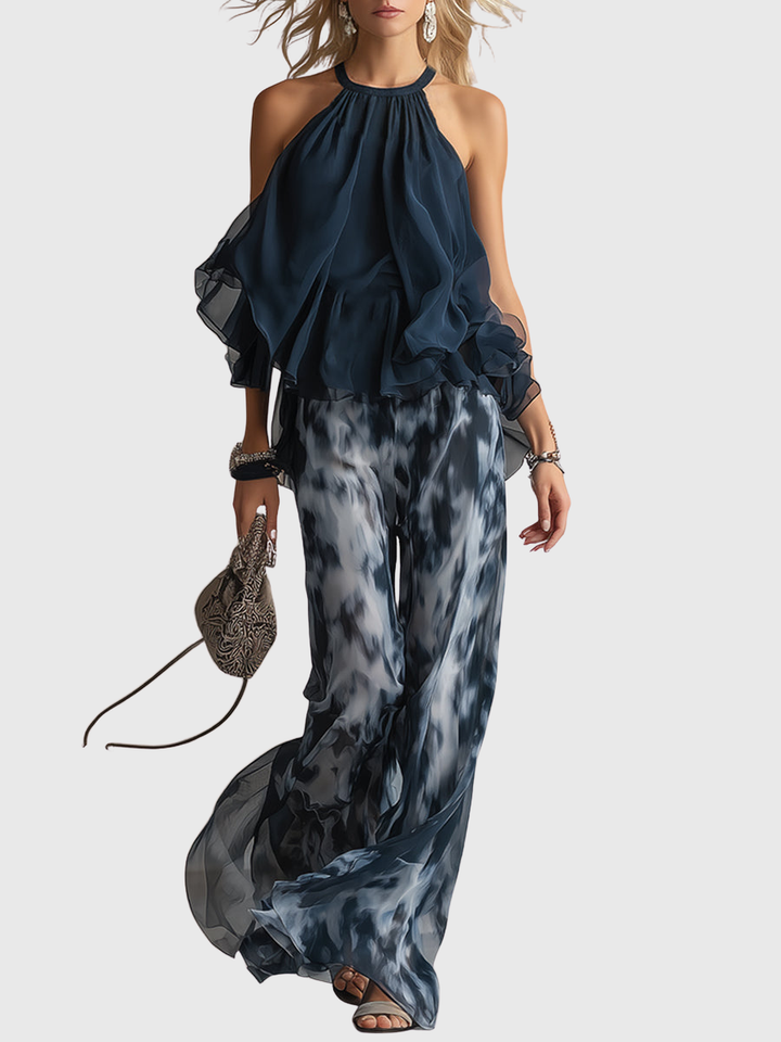 Novaria | Elegantes Chiffon-Set mit hochgeschlossenem Oberteil und weit geschnittenen bedruckten Hosen