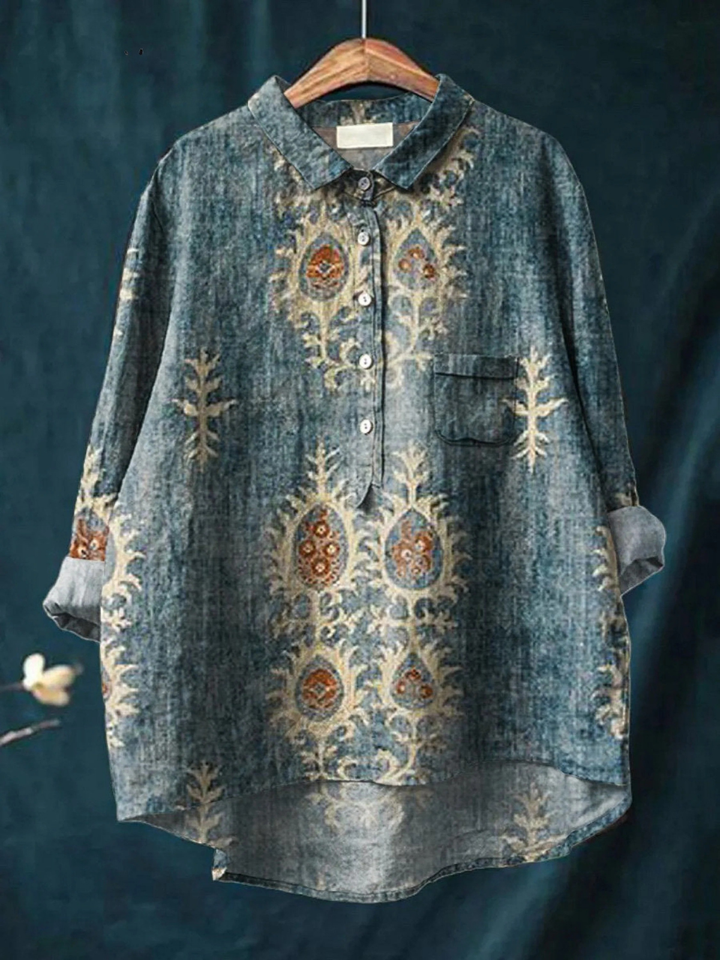 Nina | Damen Vintage Ethnische Blumen Kunstdruck Freizeitshirt