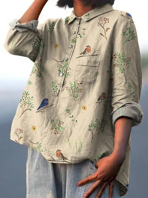 Lorelai | Bedruckte Damenbluse mit Ästen und Rotkehlchen-Muster