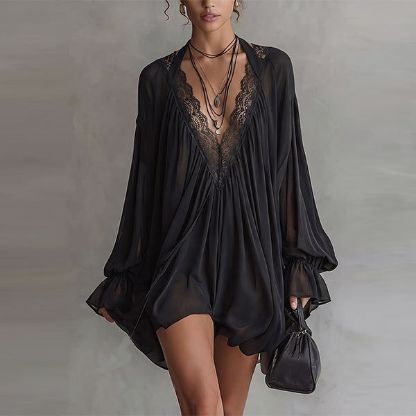 Beverly | Damen Boho Mini-Kleid aus schwarzem Chiffon