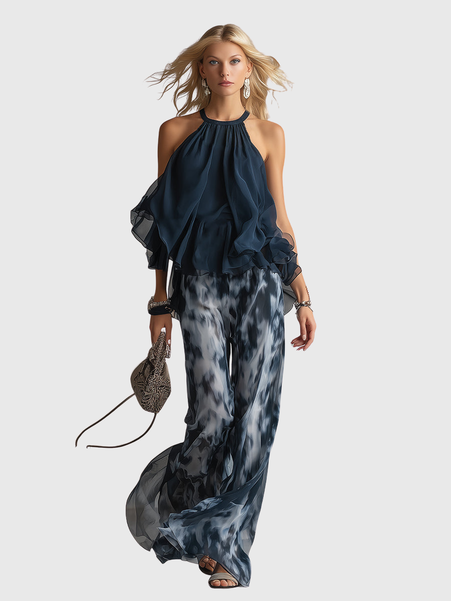 Novaria | Elegantes Chiffon-Set mit hochgeschlossenem Oberteil und weit geschnittenen bedruckten Hosen