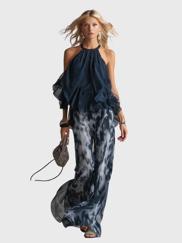 Novaria | Elegantes Chiffon-Set mit hochgeschlossenem Oberteil und weit geschnittenen bedruckten Hosen