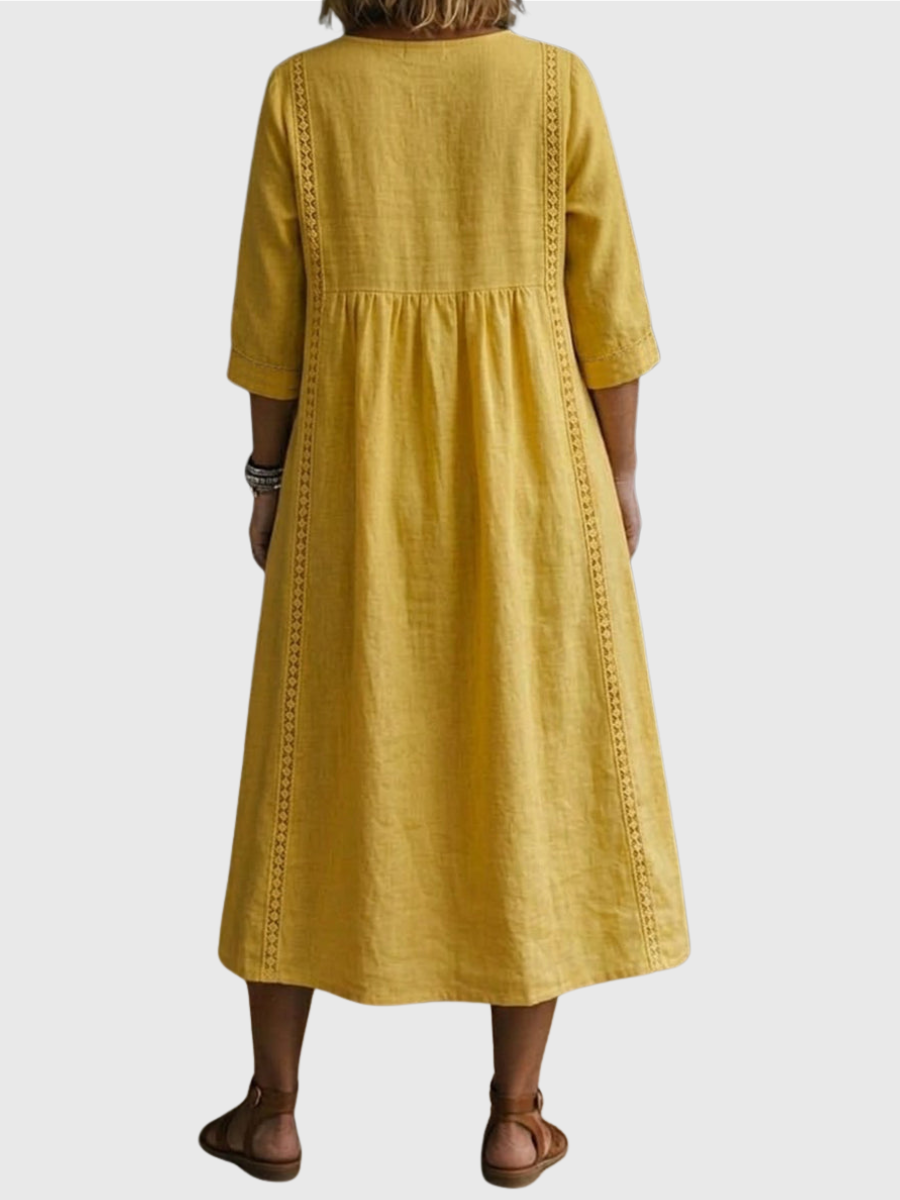 Sheena | Lässiges, lockeres Patchwork-Kleid mit Spitzenbesatz aus Leinen und Baumwolle