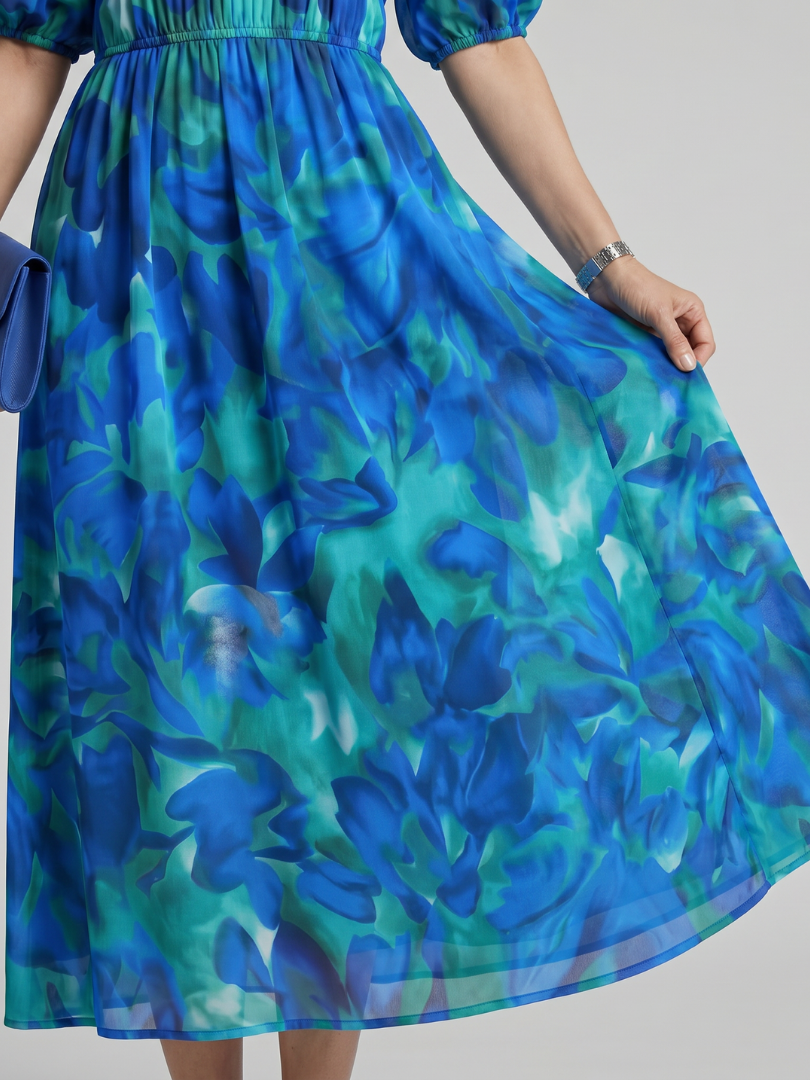 Candlia | Puffärmel V-Ausschnitt Midi Kleid mit abstraktem Druck