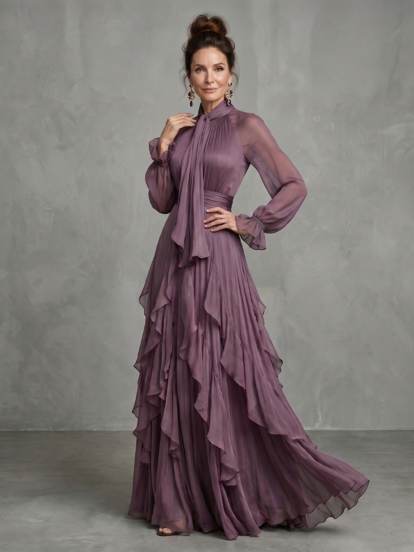 Demetria | Maxikleid mit Rüschendetails und gebundenem Kragen