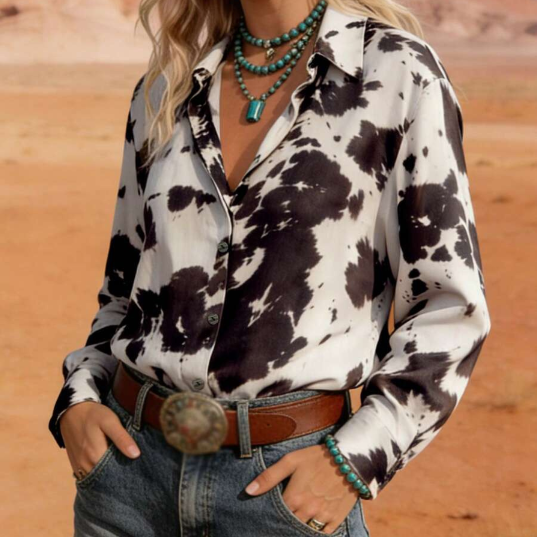 Olivia | Western Kuhdruck Button-Up Bluse