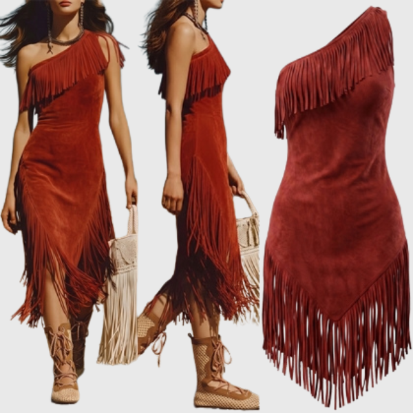 Anika | Damen Western-Boho-One-Shoulder-Kleid mit Fransen – Asymmetrisches, tailliertes Midi-Kleid aus Kunstvelours