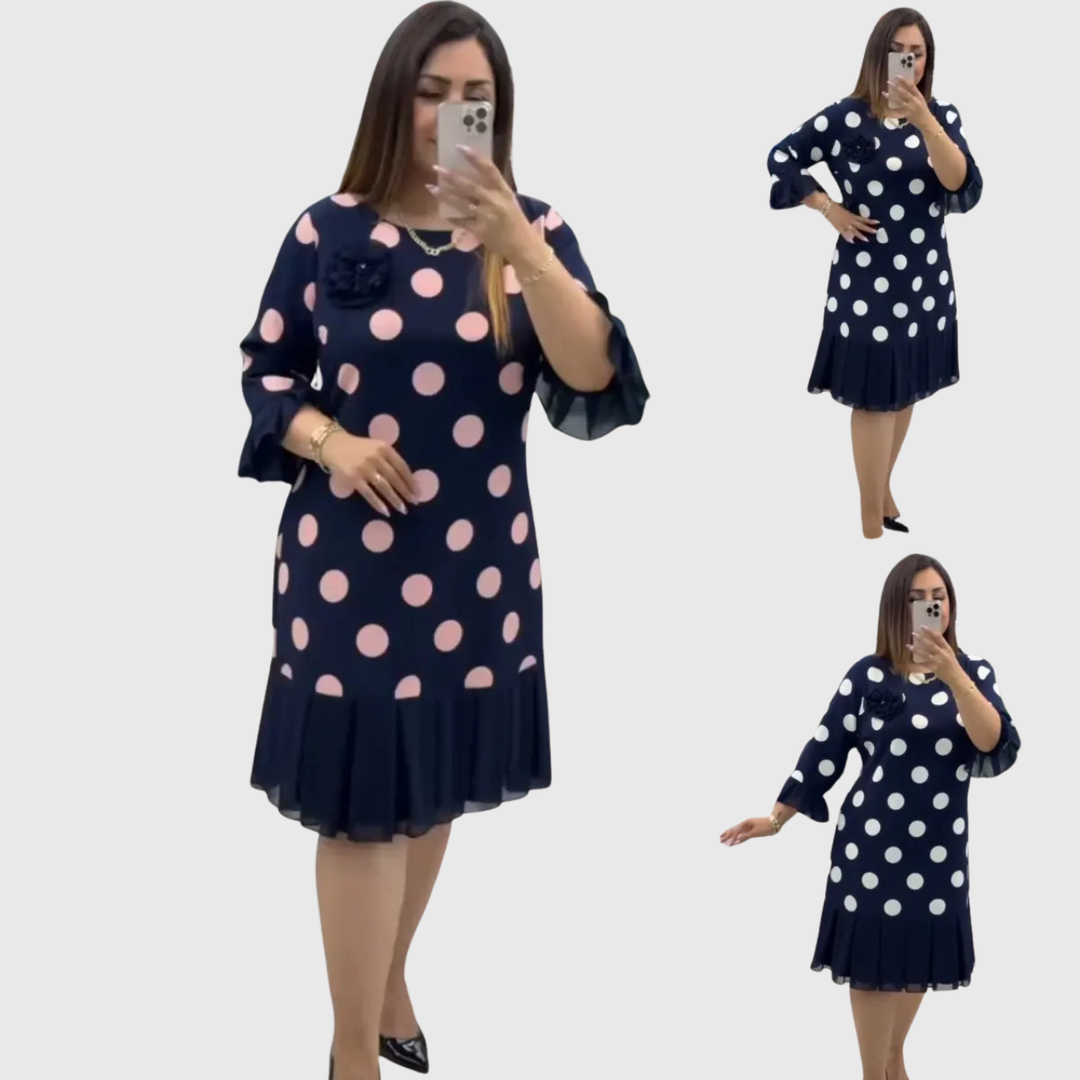 Odette | Weiches Polka Dot Kleid mit ausgestelltem Rüschensaum Navy Pink