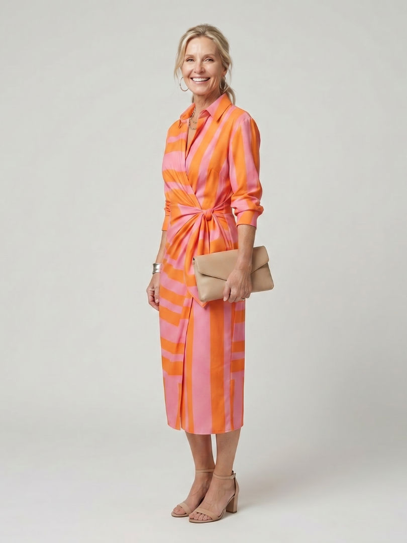 Leya | Midi-Kleid mit langen Ärmeln und Kragen im Streifenmuster