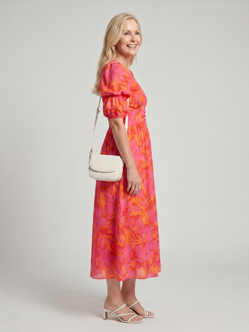 Zarelle | Puffärmel V-Ausschnitt Midi-Kleid mit kräftigem Blumenmuster