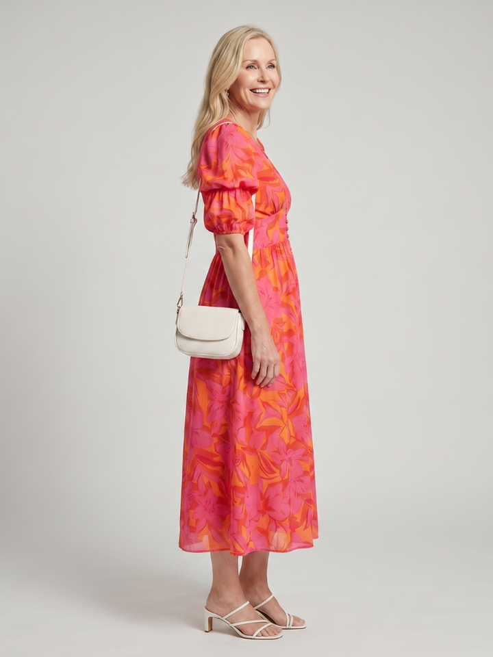 Zarelle | Puffärmel V-Ausschnitt Midi-Kleid mit kräftigem Blumenmuster