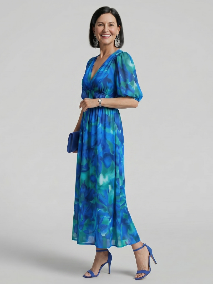Candlia | Puffärmel V-Ausschnitt Midi Kleid mit abstraktem Druck