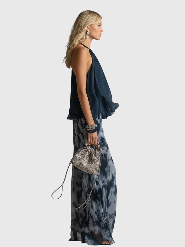 Novaria | Elegantes Chiffon-Set mit hochgeschlossenem Oberteil und weit geschnittenen bedruckten Hosen