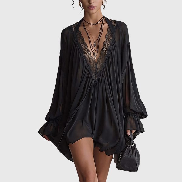 Beverly | Damen Boho Mini-Kleid aus schwarzem Chiffon