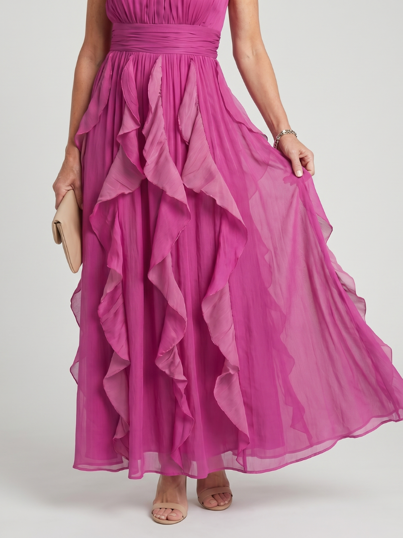 Orea | Maxikleid mit hohem Hals und gerafften Rüschenschichten