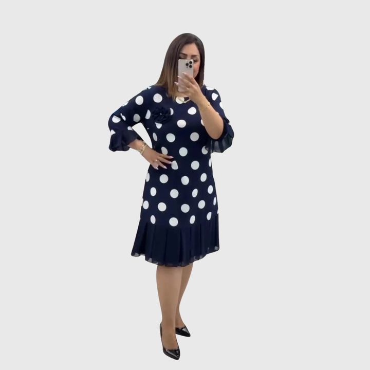 Odette | Weiches Polka Dot Kleid mit ausgestelltem Rüschensaum Navy Pink