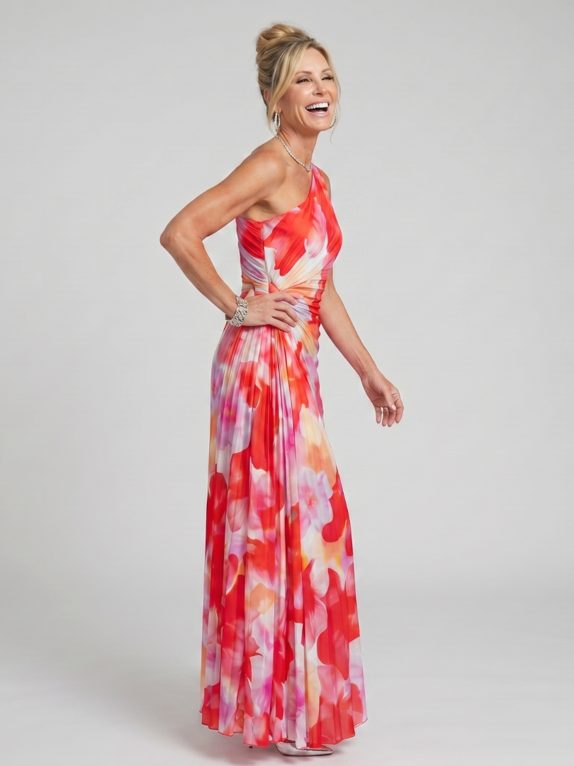 Taya | Midi-Kleid mit einem schulterfreien, gefalteten Oberteil