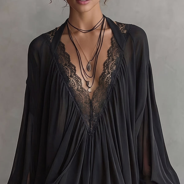 Beverly | Damen Boho Mini-Kleid aus schwarzem Chiffon