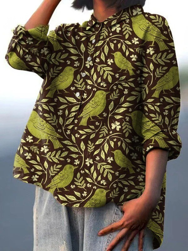 Nora | Damen Vintage Floral Vögel Kunstdruck Casual Shirt
