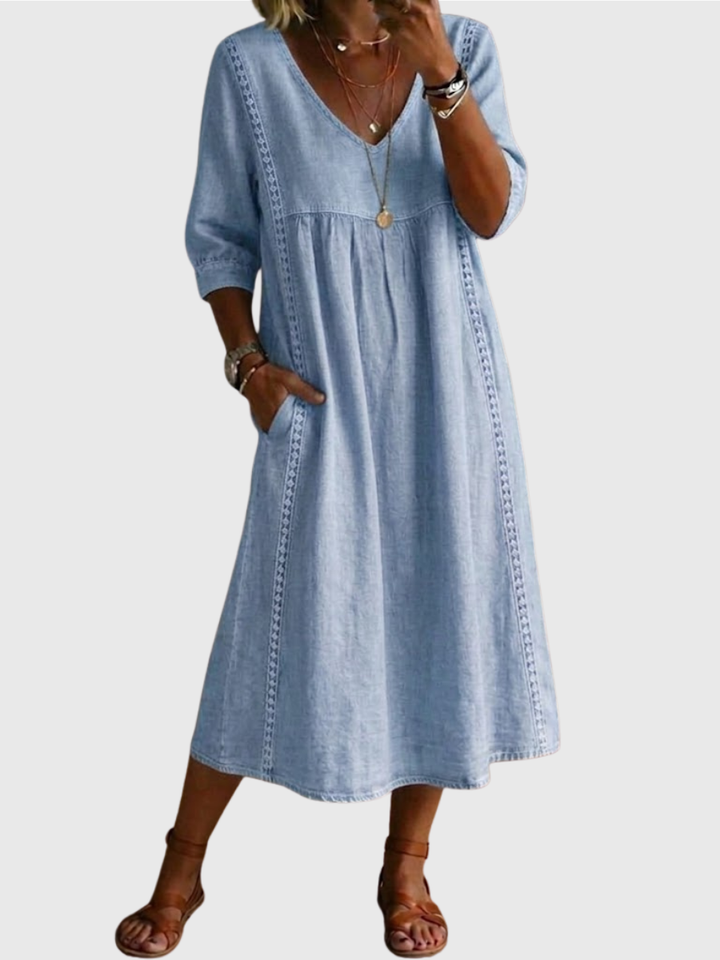 Sheena | Lässiges, lockeres Patchwork-Kleid mit Spitzenbesatz aus Leinen und Baumwolle