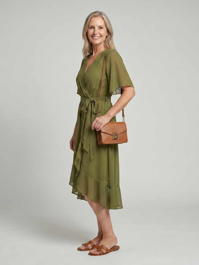 Keziah | Midi-Kleid mit kurzen Ärmeln und fließendem Saum