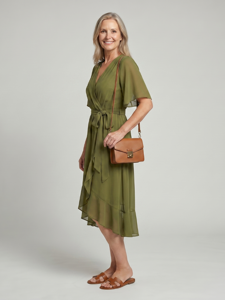 Keziah | Midi-Kleid mit kurzen Ärmeln und fließendem Saum