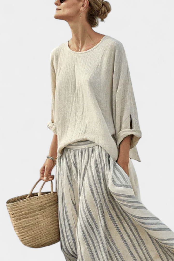 Simone | Bequeme Lockere Bluse & Gestreifte Midi-Rock