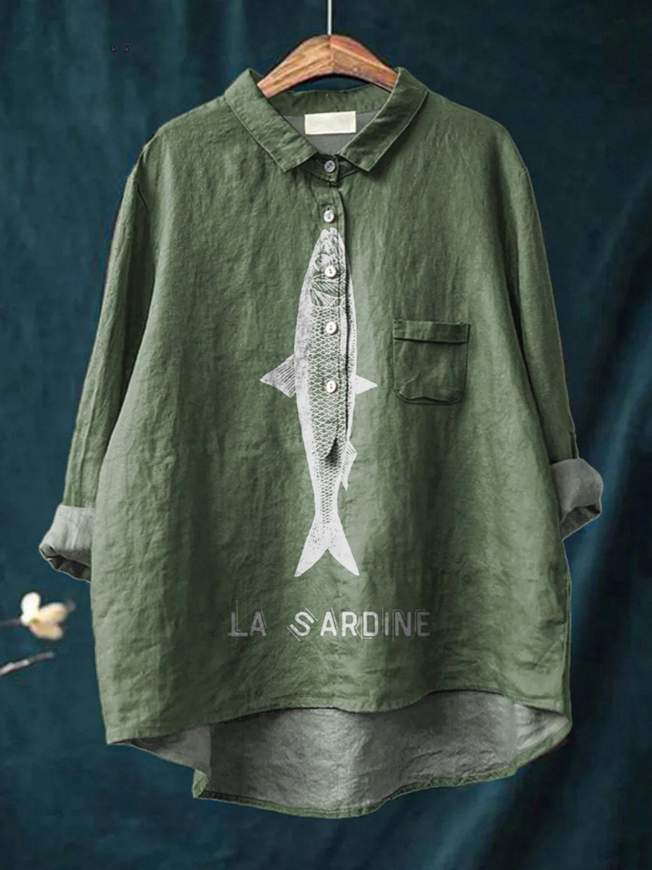 Faye | Sardinenfisch Grafik Bedrucktes Damen Casual Shirt