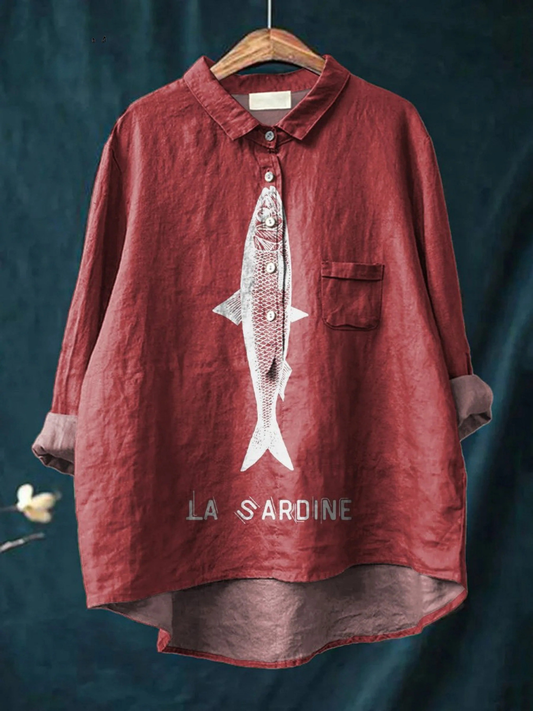 Faye | Sardinenfisch Grafik Bedrucktes Damen Casual Shirt