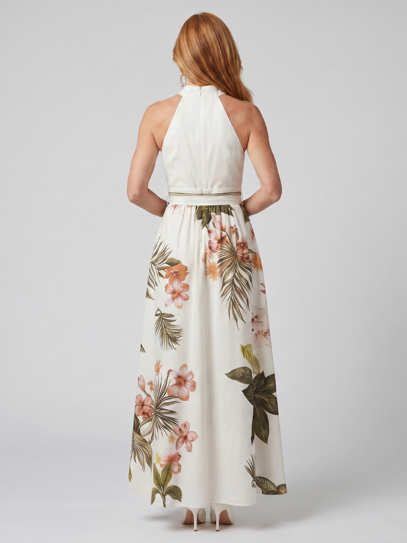 Wiese | Drapiertes Halfter Botanisches Panel Maxikleid