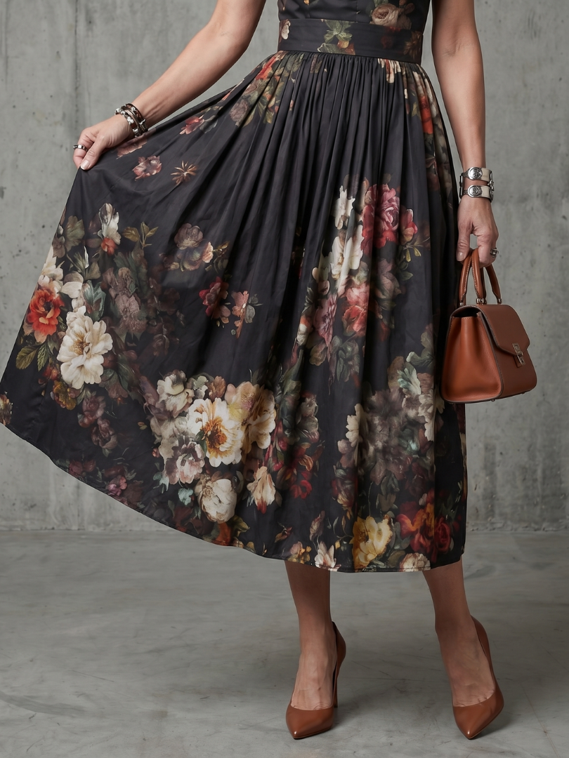 Greta | Hochgeschlossenes Schlüssel-Loch Blumengeplissertes Midi-Kleid