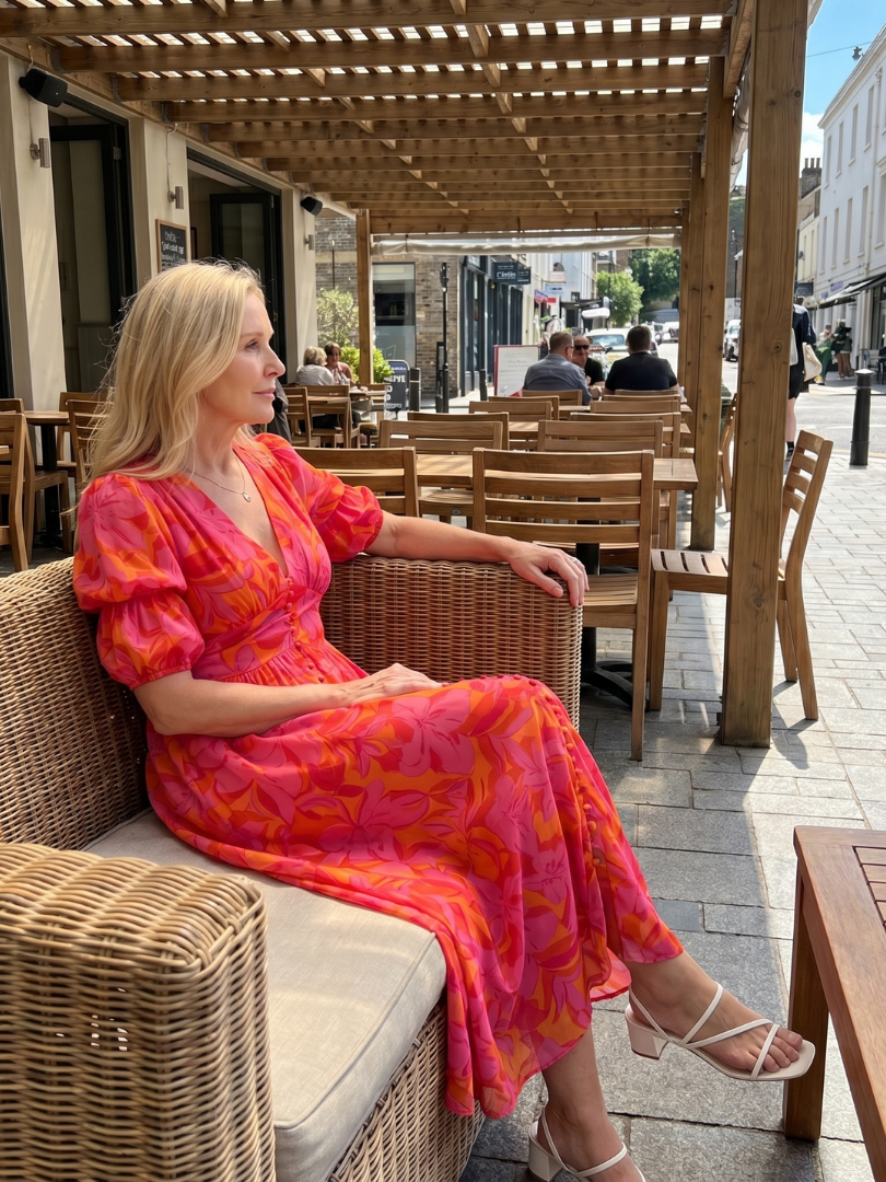 Zarelle | Puffärmel V-Ausschnitt Midi-Kleid mit kräftigem Blumenmuster