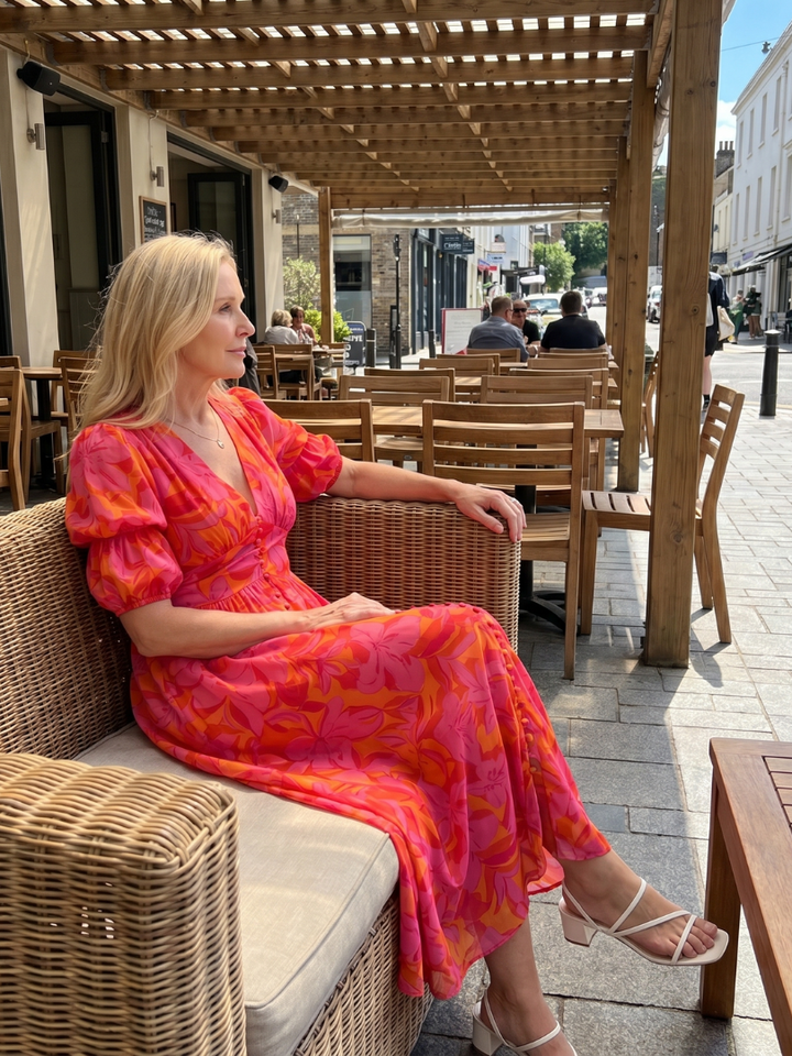 Zarelle | Puffärmel V-Ausschnitt Midi-Kleid mit kräftigem Blumenmuster
