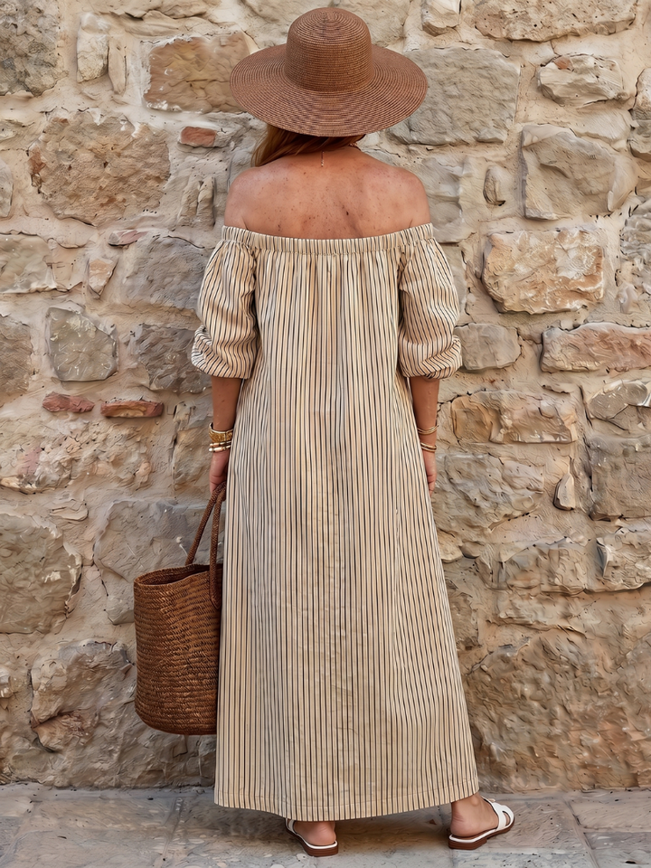Vika | Off-Shoulder Midi-Kleid mit vertikalem Streifenmuster