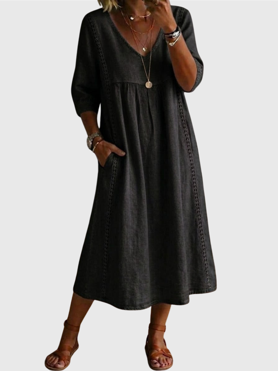 Sheena | Lässiges, lockeres Patchwork-Kleid mit Spitzenbesatz aus Leinen und Baumwolle
