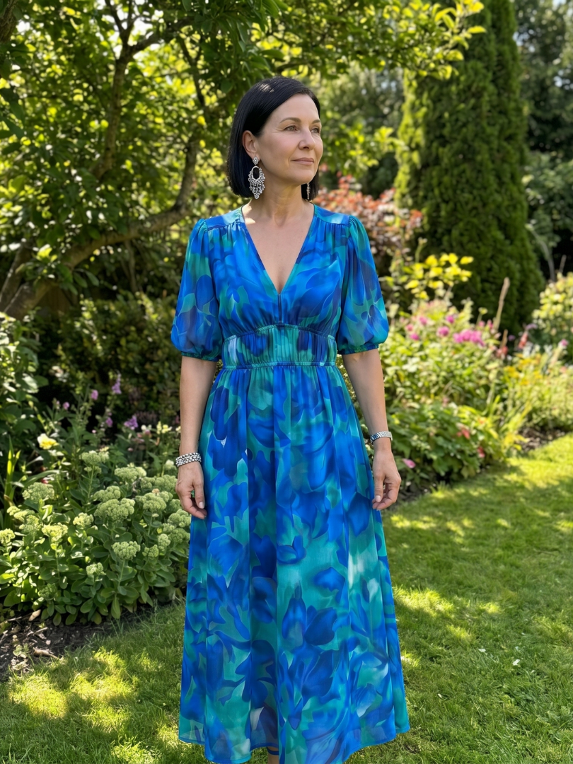 Candlia | Puffärmel V-Ausschnitt Midi Kleid mit abstraktem Druck